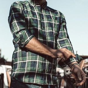 TAYLOR STITCH The Jack in Blackwatch Plaid Linen, blue green plaid, size 44 / XL